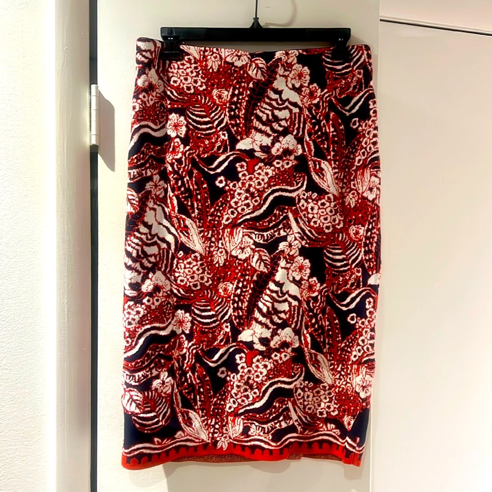 Rachel Roy XL Red Blue White Patterned Body Con Midi Skirt